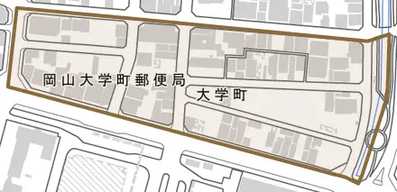 大学町とその周辺の地図。町の範囲を重ねている