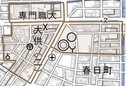 大供とその周辺の地図。町の範囲を重ねている