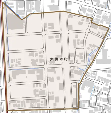 大供本町とその周辺の地図。町の範囲を重ねている