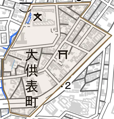 大供表町とその周辺の地図。町の範囲を重ねている