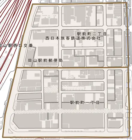 駅前町とその周辺の地図。町の範囲を重ねている