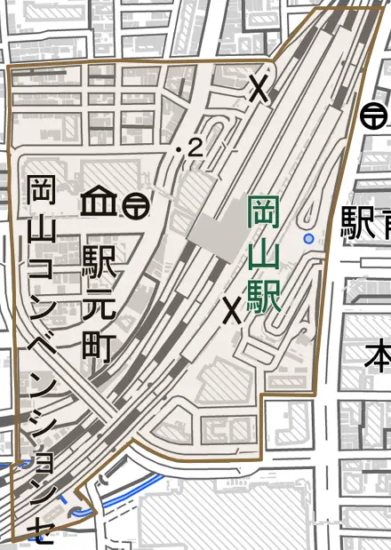 駅元町とその周辺の地図。町の範囲を重ねている