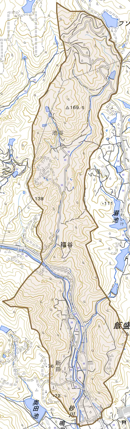 福谷とその周辺の地図。町の範囲を重ねている