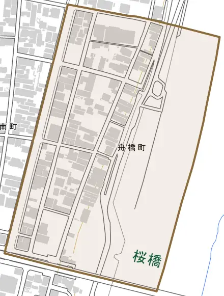 舟橋町とその周辺の地図。町の範囲を重ねている