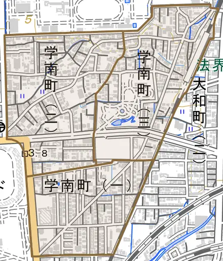 学南町とその周辺の地図。町の範囲を重ねている