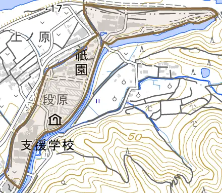 祇園とその周辺の地図。町の範囲を重ねている