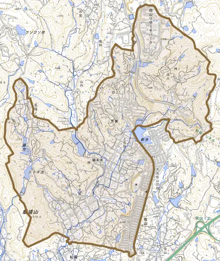 芳賀とその周辺の地図。町の範囲を重ねている