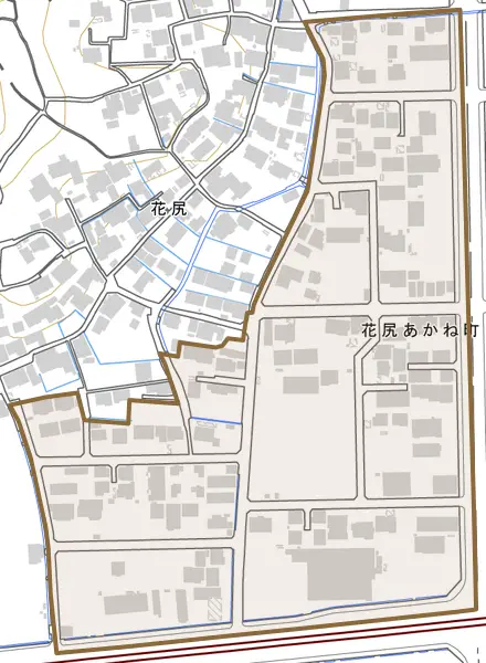 花尻あかね町とその周辺の地図。町の範囲を重ねている