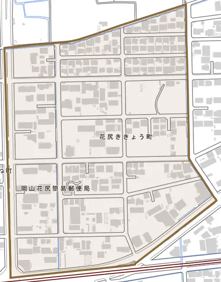 花尻ききょう町とその周辺の地図。町の範囲を重ねている