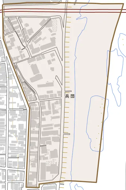 兵団とその周辺の地図。町の範囲を重ねている