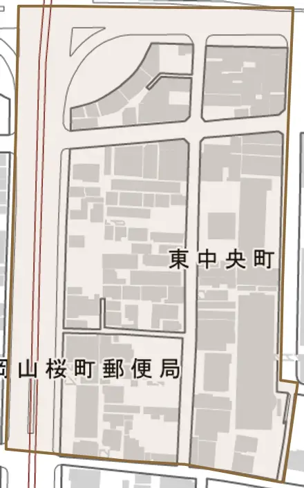 東中央町とその周辺の地図。町の範囲を重ねている