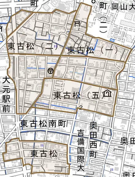 東古松とその周辺の地図。町の範囲を重ねている