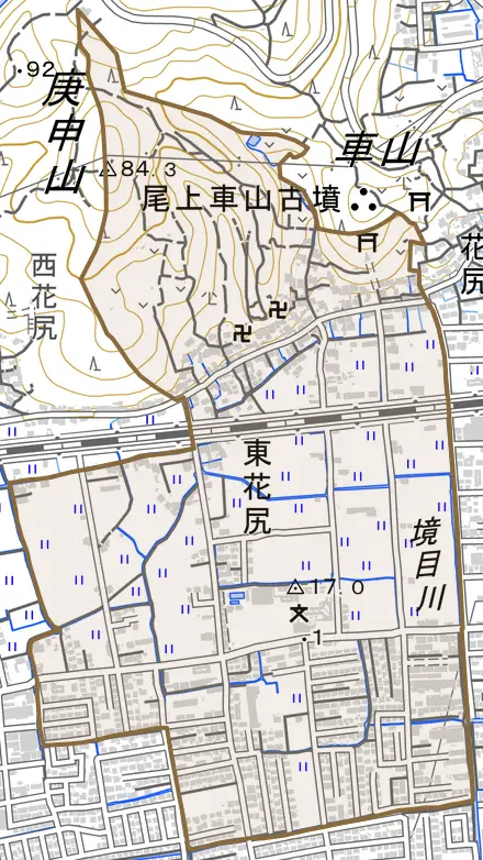 東花尻とその周辺の地図。町の範囲を重ねている