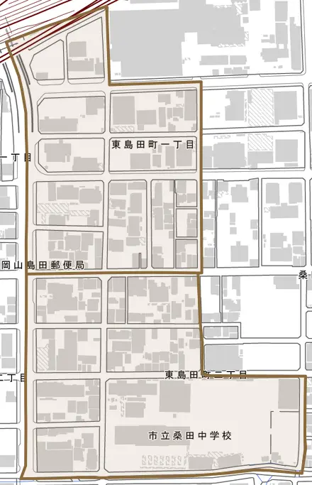 東島田町とその周辺の地図。町の範囲を重ねている