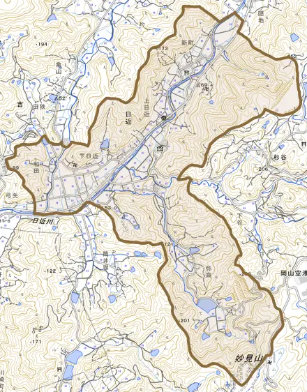 日近とその周辺の地図。町の範囲を重ねている