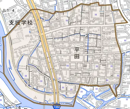 平田とその周辺の地図。町の範囲を重ねている
