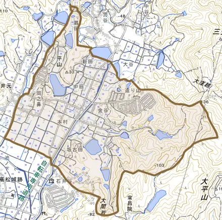 平山とその周辺の地図。町の範囲を重ねている