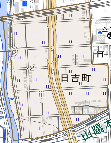 日吉町とその周辺の地図。町の範囲を重ねている
