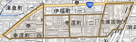 奉還町とその周辺の地図。町の範囲を重ねている
