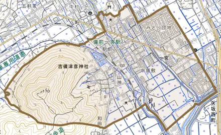 一宮とその周辺の地図。町の範囲を重ねている