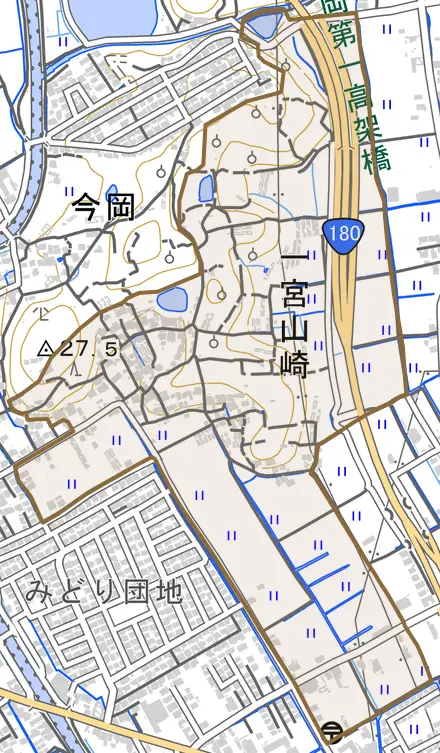 一宮山崎とその周辺の地図。町の範囲を重ねている