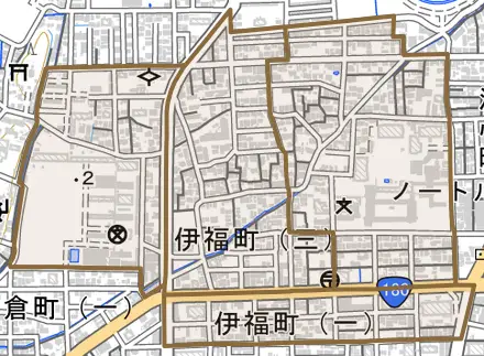 伊福町とその周辺の地図。町の範囲を重ねている