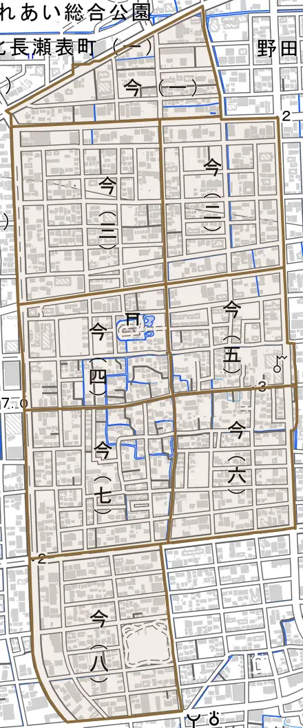 今とその周辺の地図。町の範囲を重ねている