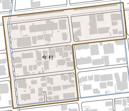 今村とその周辺の地図。町の範囲を重ねている