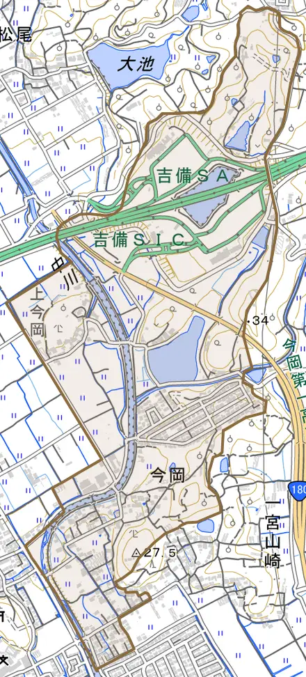 今岡とその周辺の地図。町の範囲を重ねている
