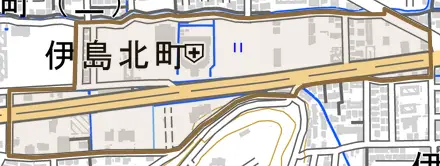 伊島北町とその周辺の地図。町の範囲を重ねている