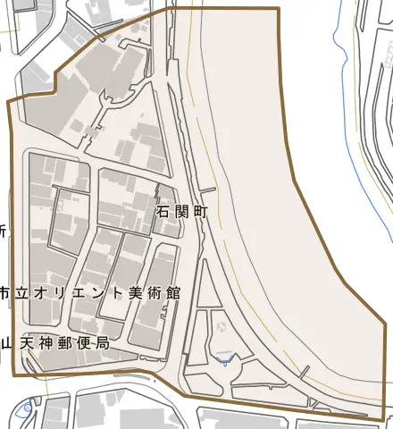 石関町とその周辺の地図。町の範囲を重ねている