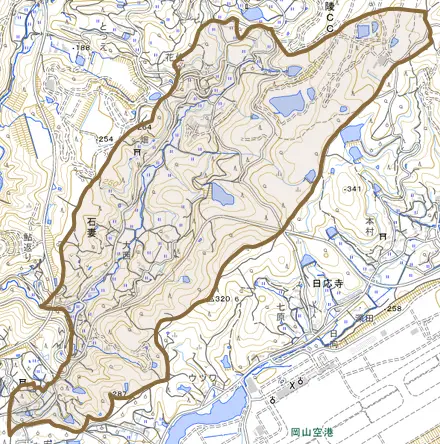 石妻とその周辺の地図。町の範囲を重ねている