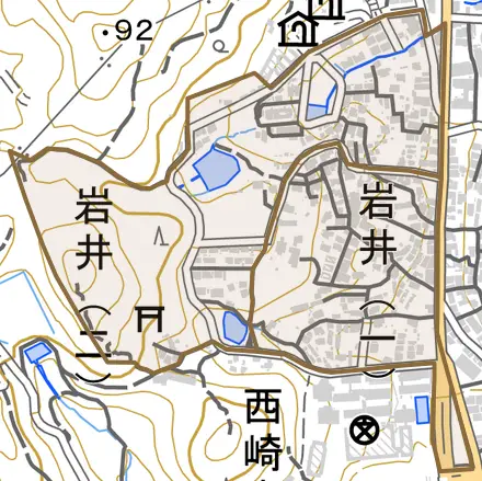 岩井とその周辺の地図。町の範囲を重ねている