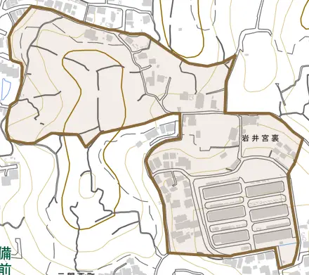 岩井宮裏とその周辺の地図。町の範囲を重ねている
