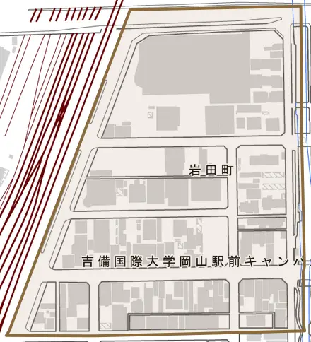 岩田町とその周辺の地図。町の範囲を重ねている