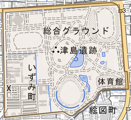 いずみ町とその周辺の地図。町の範囲を重ねている