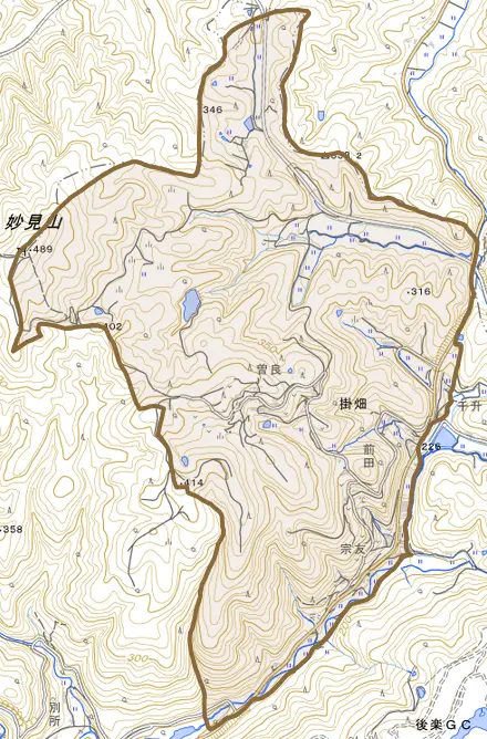 掛畑とその周辺の地図。町の範囲を重ねている