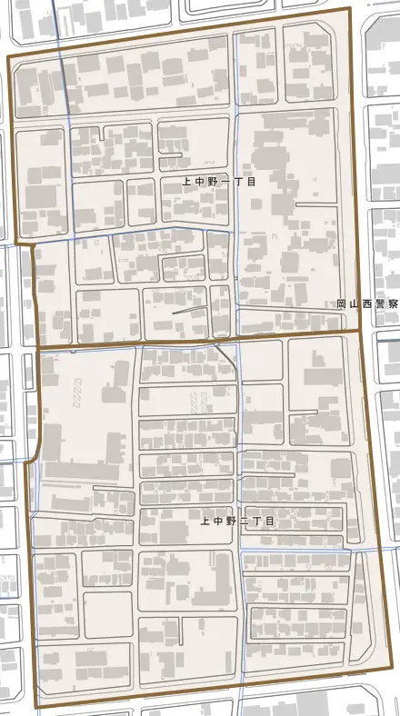 上中野とその周辺の地図。町の範囲を重ねている