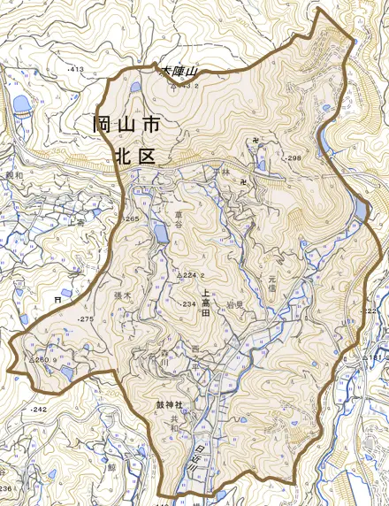 上高田とその周辺の地図。町の範囲を重ねている