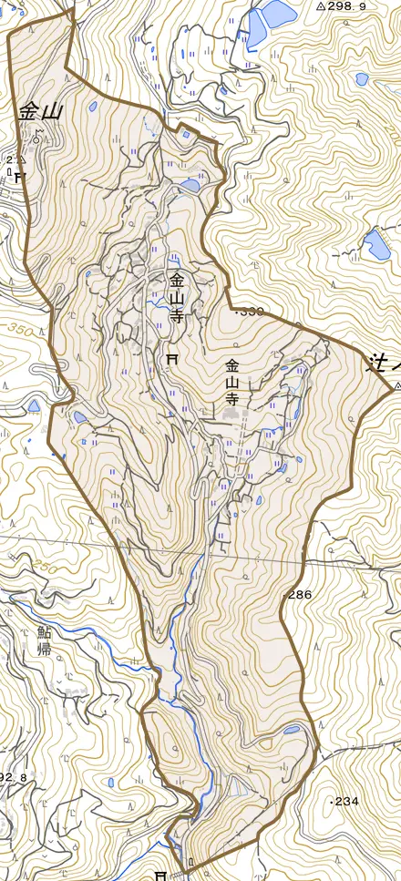 金山寺とその周辺の地図。町の範囲を重ねている