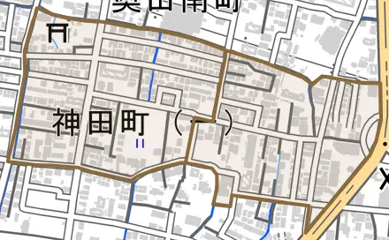 神田町とその周辺の地図。町の範囲を重ねている