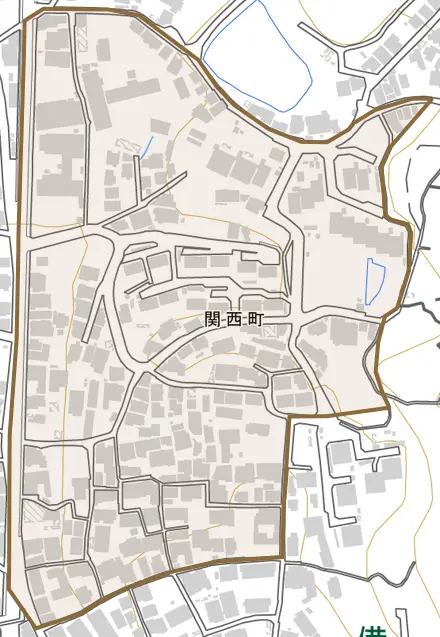 関西町とその周辺の地図。町の範囲を重ねている