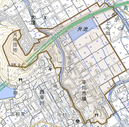 辛川市場とその周辺の地図。町の範囲を重ねている
