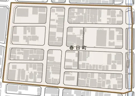 春日町とその周辺の地図。町の範囲を重ねている