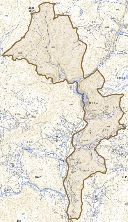 河原とその周辺の地図。町の範囲を重ねている