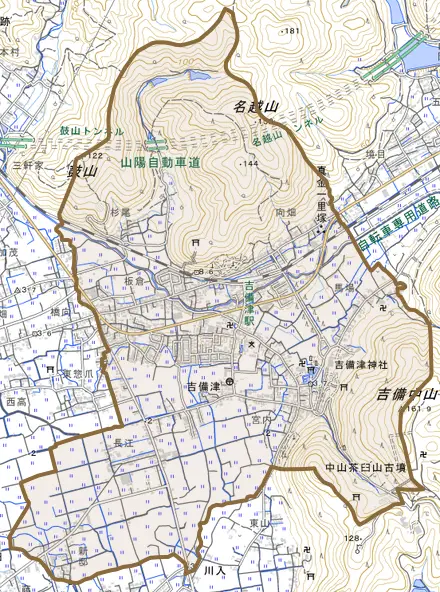 吉備津とその周辺の地図。町の範囲を重ねている
