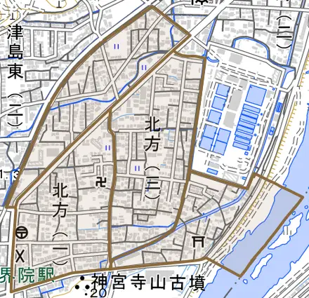 北方とその周辺の地図。町の範囲を重ねている