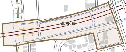 北長瀬とその周辺の地図。町の範囲を重ねている