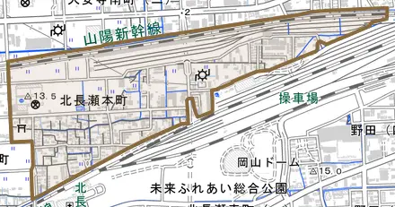 北長瀬本町とその周辺の地図。町の範囲を重ねている