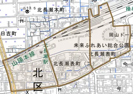 北長瀬表町とその周辺の地図。町の範囲を重ねている